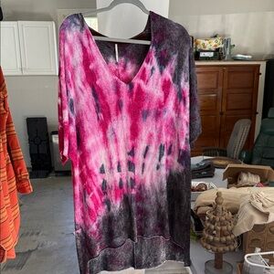 Free People Pink and Black Tie-Dye V-Neck Top